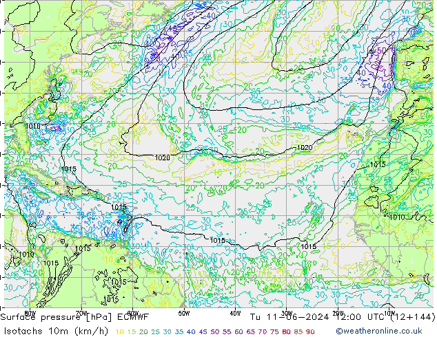 Isotachs (kph) ECMWF Tu 11.06.2024 12 UTC