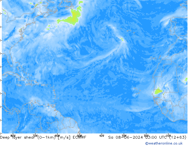 Deep layer shear (0-1km) ECMWF Sa 08.06.2024 03 UTC