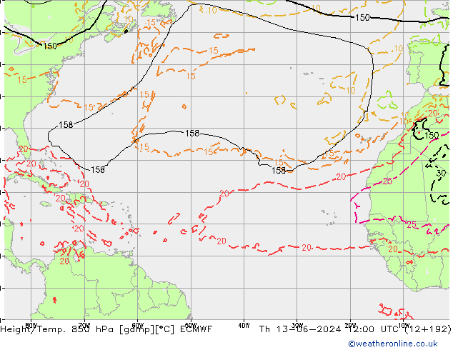 Z500/Rain (+SLP)/Z850 ECMWF Th 13.06.2024 12 UTC