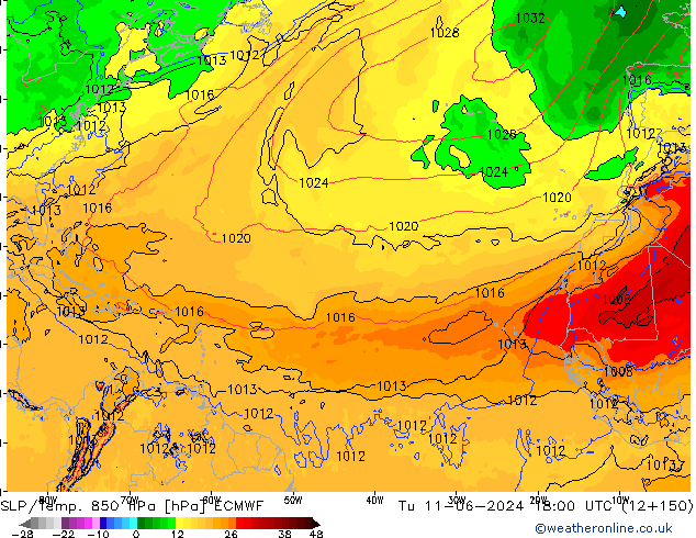 SLP/Temp. 850 hPa ECMWF wto. 11.06.2024 18 UTC