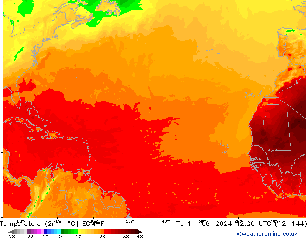 Temperature (2m) ECMWF Tu 11.06.2024 12 UTC