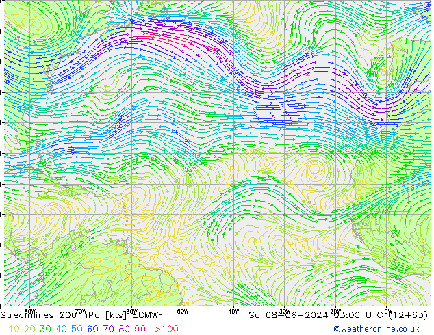 Streamlines 200 hPa ECMWF Sa 08.06.2024 03 UTC