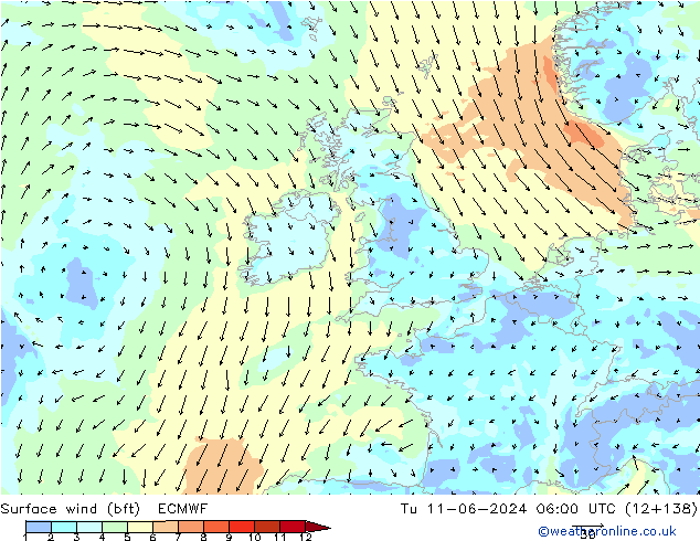 Vent 10 m (bft) ECMWF mar 11.06.2024 06 UTC