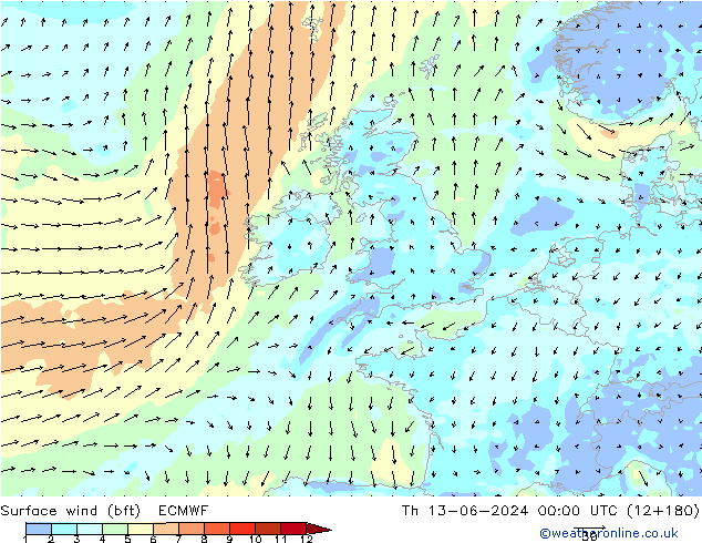 Surface wind (bft) ECMWF Th 13.06.2024 00 UTC