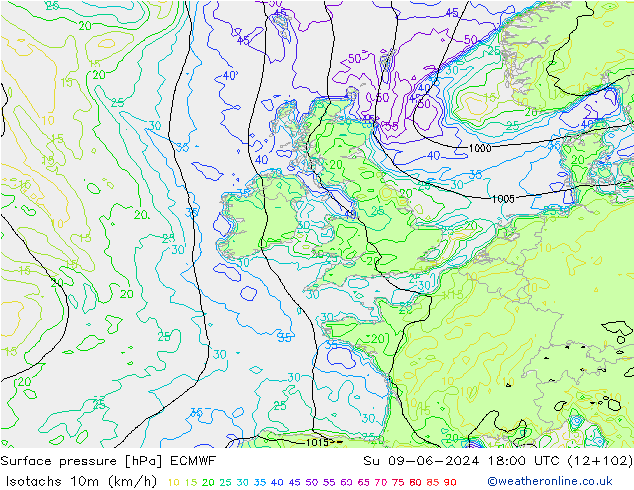 Isotachs (kph) ECMWF dim 09.06.2024 18 UTC