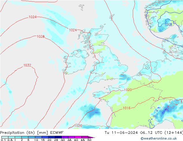 Precipitation (6h) ECMWF Tu 11.06.2024 12 UTC