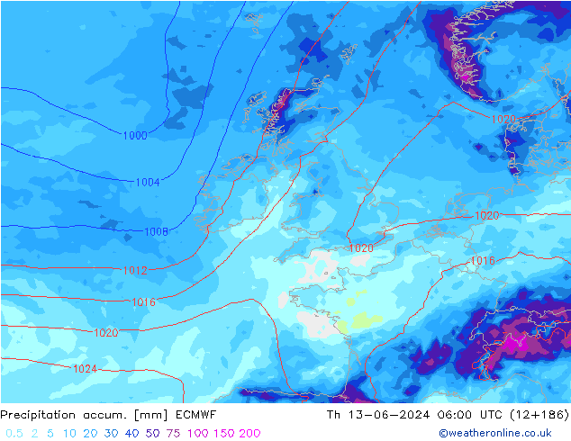 Precipitation accum. ECMWF чт 13.06.2024 06 UTC