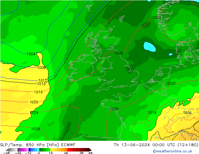 SLP/Temp. 850 hPa ECMWF Th 13.06.2024 00 UTC