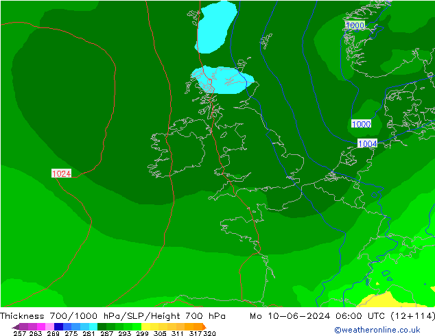 Thck 700-1000 hPa ECMWF Mo 10.06.2024 06 UTC