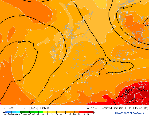 Theta-W 850hPa ECMWF Tu 11.06.2024 06 UTC