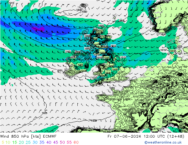 Rüzgar 850 hPa ECMWF Cu 07.06.2024 12 UTC