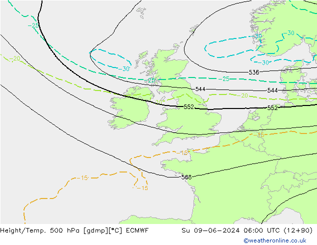 Geop./Temp. 500 hPa ECMWF dom 09.06.2024 06 UTC