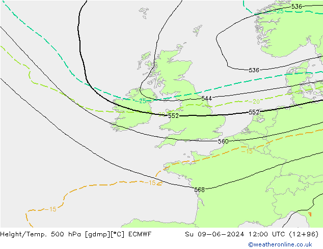 Height/Temp. 500 hPa ECMWF dom 09.06.2024 12 UTC