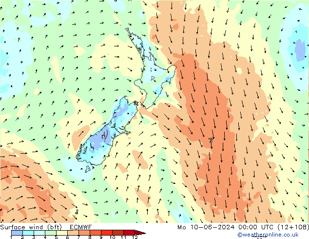 Rüzgar 10 m (bft) ECMWF Pzt 10.06.2024 00 UTC