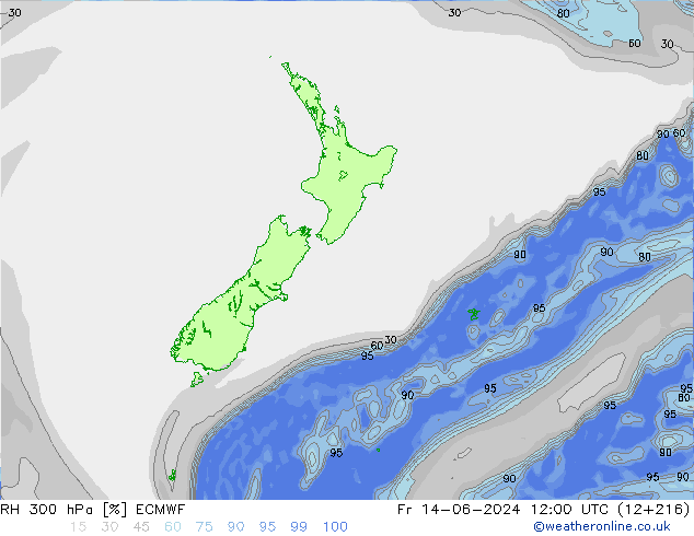 Humidité rel. 300 hPa ECMWF ven 14.06.2024 12 UTC