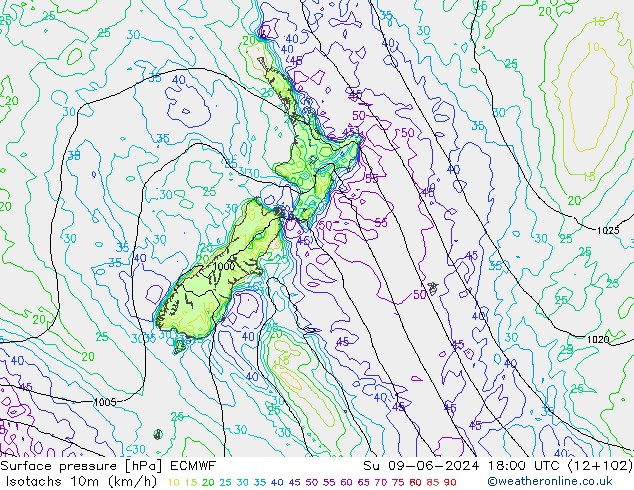 Isotaca (kph) ECMWF dom 09.06.2024 18 UTC