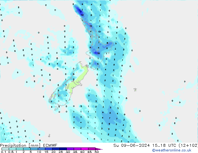 Srážky ECMWF Ne 09.06.2024 18 UTC