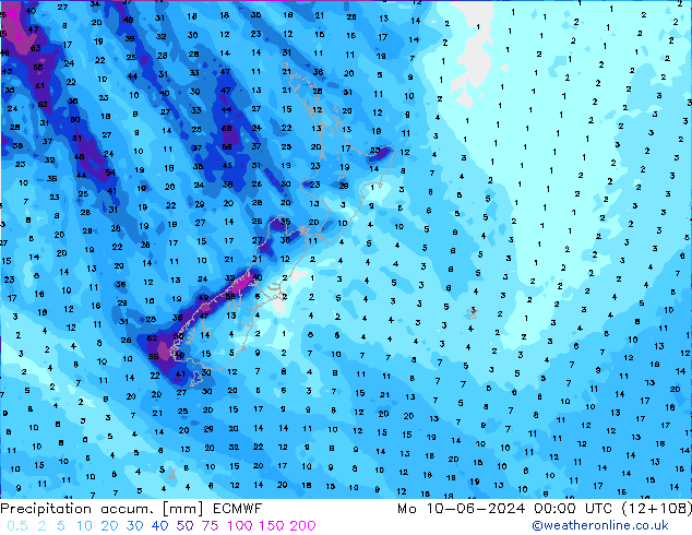 Precipitation accum. ECMWF Po 10.06.2024 00 UTC