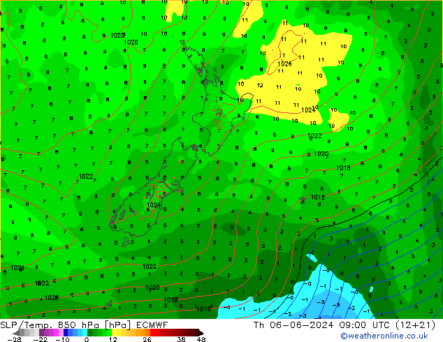 SLP/Temp. 850 гПа ECMWF чт 06.06.2024 09 UTC