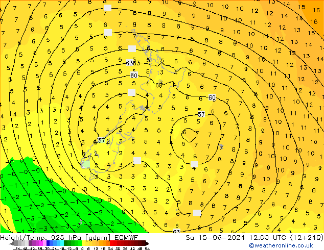 Height/Temp. 925 hPa ECMWF sab 15.06.2024 12 UTC