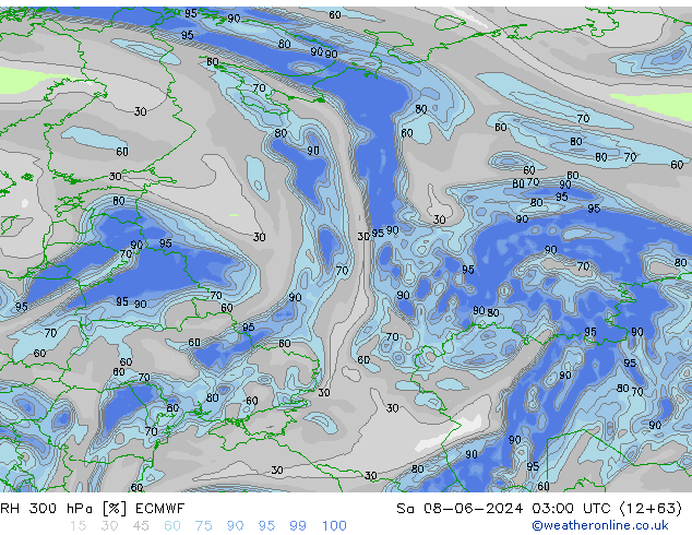 Humedad rel. 300hPa ECMWF sáb 08.06.2024 03 UTC