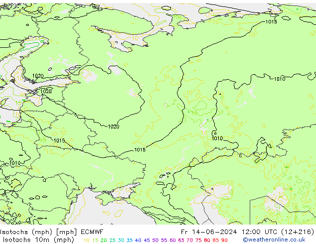 Isotachs (mph) ECMWF Pá 14.06.2024 12 UTC