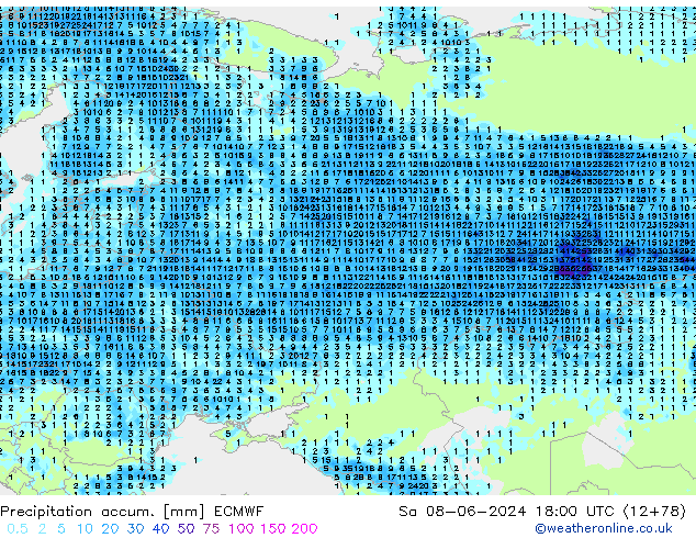 Precipitation accum. ECMWF sab 08.06.2024 18 UTC