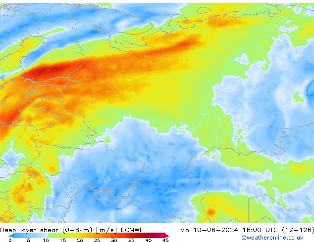 Deep layer shear (0-6km) ECMWF Pzt 10.06.2024 18 UTC