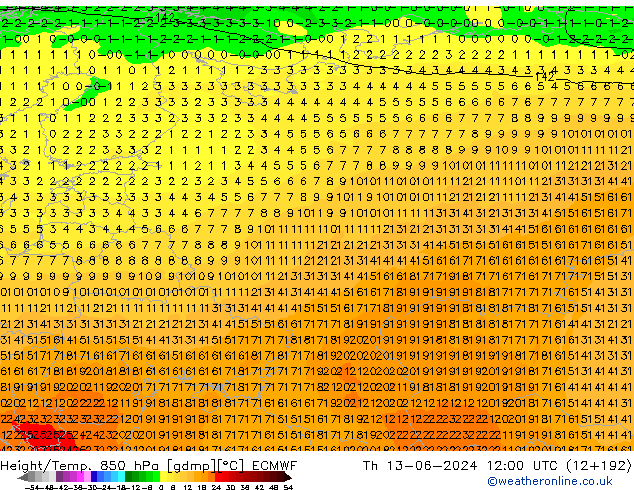 Z500/Rain (+SLP)/Z850 ECMWF gio 13.06.2024 12 UTC