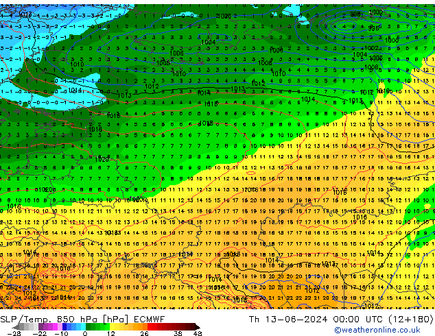 SLP/Temp. 850 hPa ECMWF Th 13.06.2024 00 UTC