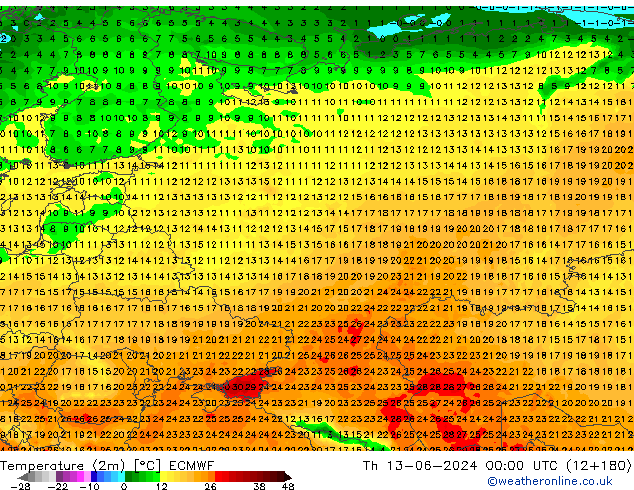 Temperature (2m) ECMWF Th 13.06.2024 00 UTC