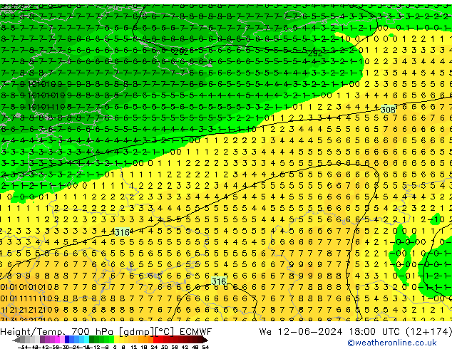 Yükseklik/Sıc. 700 hPa ECMWF Çar 12.06.2024 18 UTC