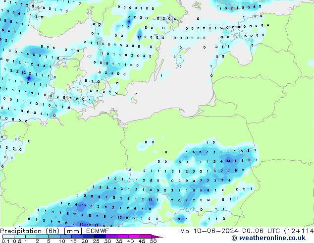 осадки (6h) ECMWF пн 10.06.2024 06 UTC