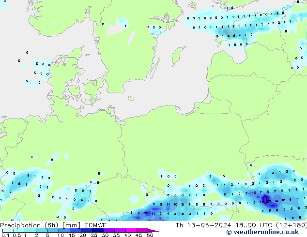 Precipitation (6h) ECMWF Th 13.06.2024 00 UTC