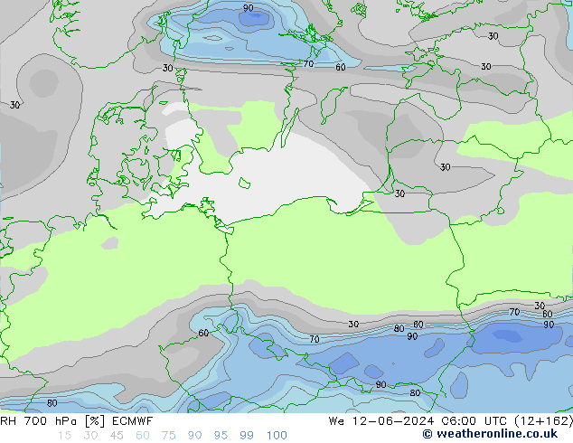 Humedad rel. 700hPa ECMWF mié 12.06.2024 06 UTC