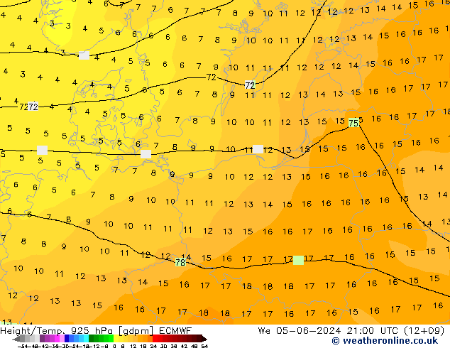 Géop./Temp. 925 hPa ECMWF mer 05.06.2024 21 UTC