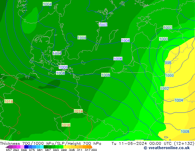 Thck 700-1000 hPa ECMWF Tu 11.06.2024 00 UTC