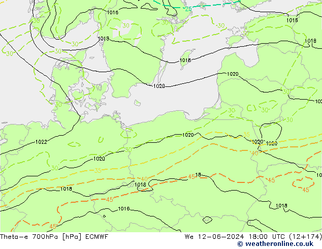 Theta-e 700hPa ECMWF We 12.06.2024 18 UTC