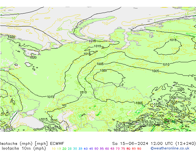 Isotachs (mph) ECMWF сб 15.06.2024 12 UTC