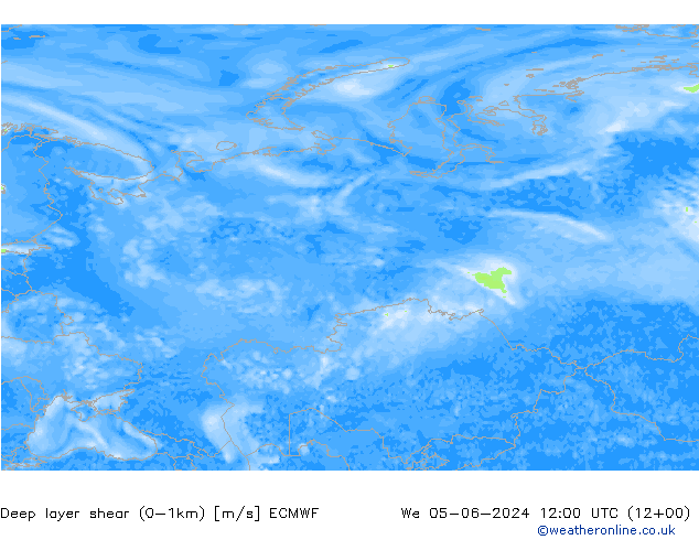 Deep layer shear (0-1km) ECMWF Qua 05.06.2024 12 UTC