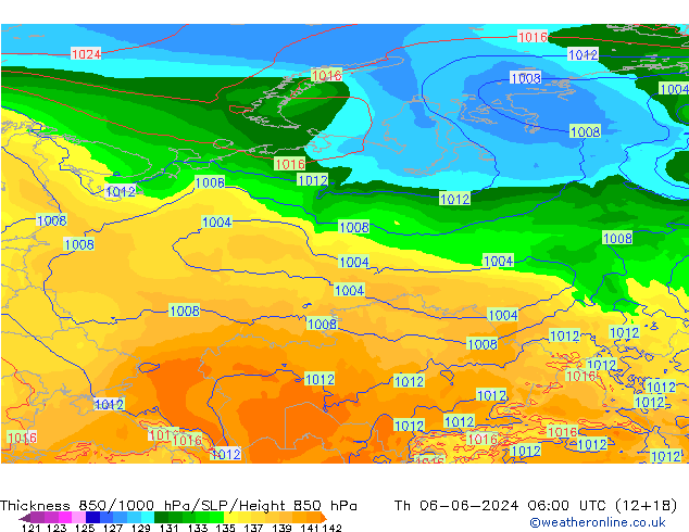 Thck 850-1000 hPa ECMWF Čt 06.06.2024 06 UTC