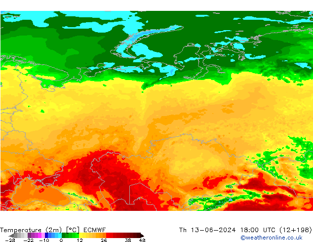 température (2m) ECMWF jeu 13.06.2024 18 UTC