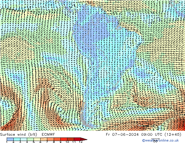 Surface wind (bft) ECMWF Pá 07.06.2024 09 UTC