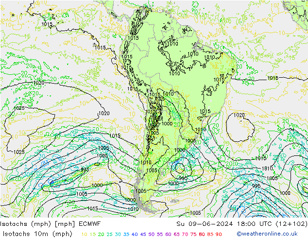 Eşrüzgar Hızları mph ECMWF Paz 09.06.2024 18 UTC