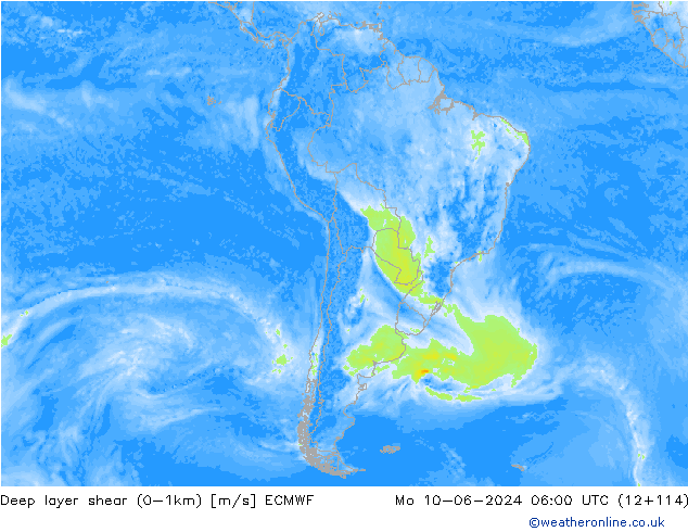 Deep layer shear (0-1km) ECMWF Mo 10.06.2024 06 UTC