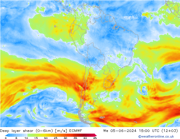 Deep layer shear (0-6km) ECMWF St 05.06.2024 15 UTC