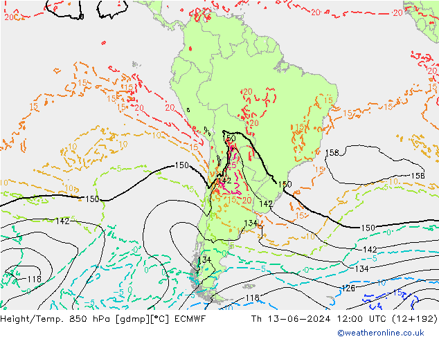 Height/Temp. 850 hPa ECMWF Qui 13.06.2024 12 UTC