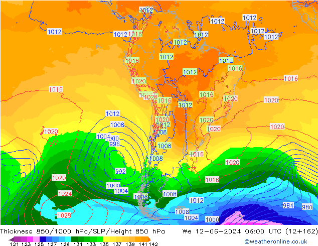 Dikte 850-1000 hPa ECMWF wo 12.06.2024 06 UTC