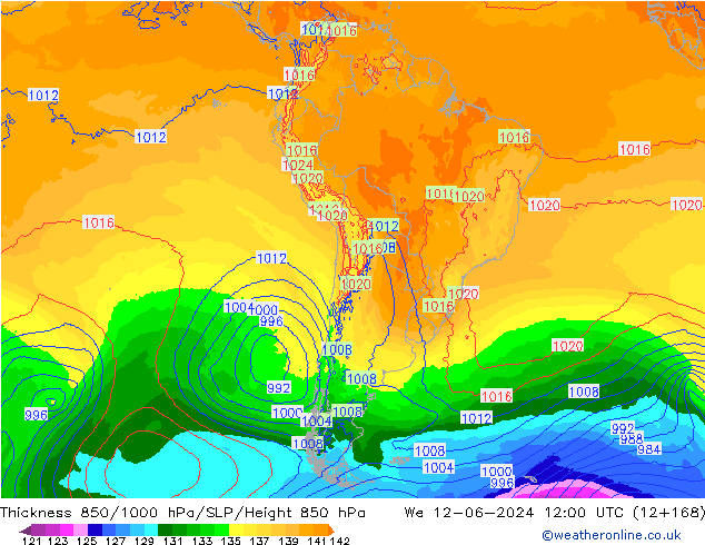 Thck 850-1000 hPa ECMWF Qua 12.06.2024 12 UTC