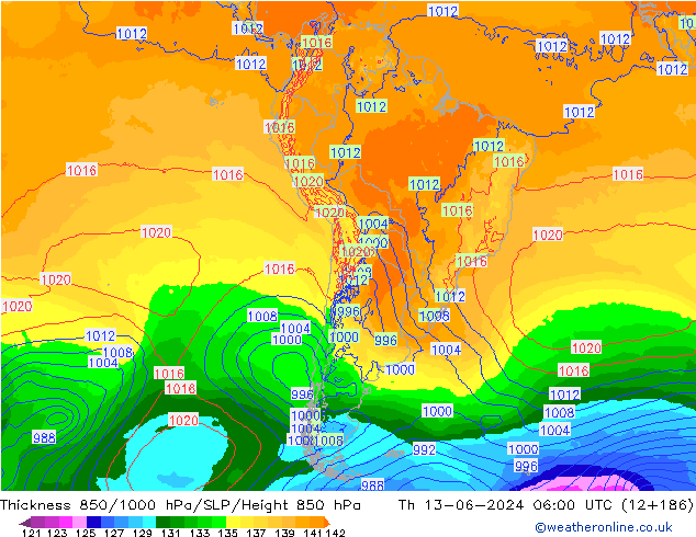 Thck 850-1000 hPa ECMWF gio 13.06.2024 06 UTC